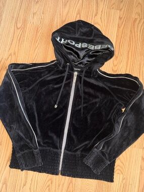 Bebe Sport Velour Hoodie Womens Large Black Y2K Zip Up Glitter Trim